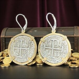HANDMADE ATOCHA SILVER COIN EARRINGS IN 14k GOLD BEZEL